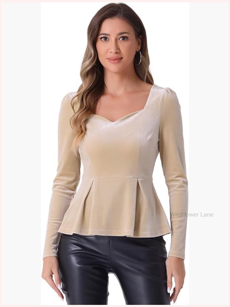 Elegant Velvet Peplum Top With Sweetheart Neck And Puff Long Sleeves
